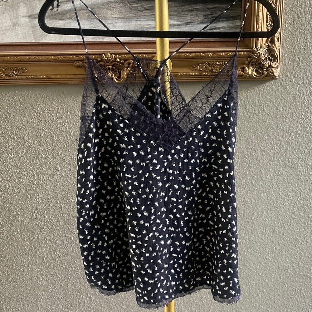 Storia Navy and White Lace-Trim Printed Camisole